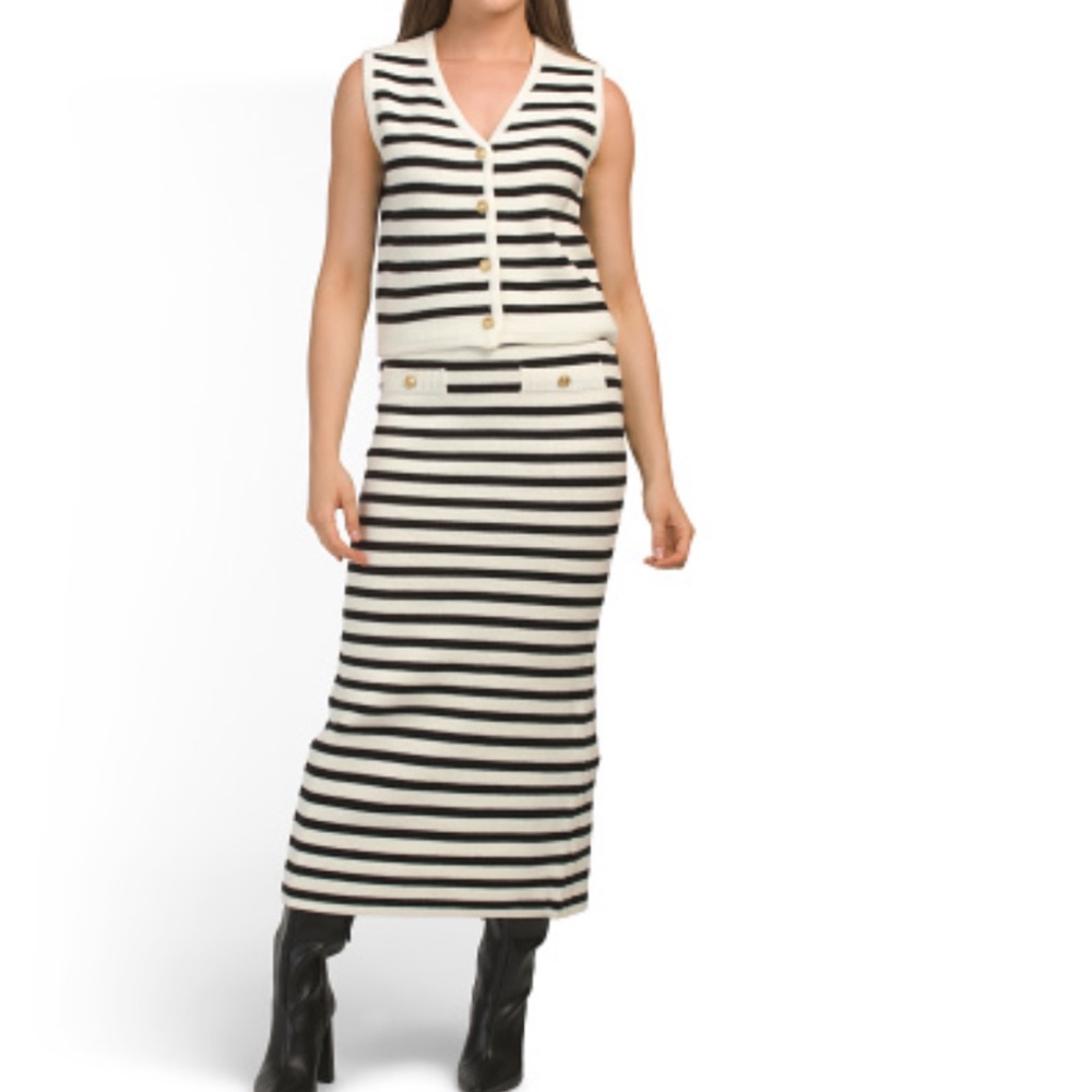 Moon River Striped Sweater Knit Midi Pencil Skirt and Vest in Black Cream M